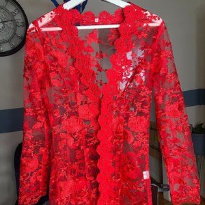 DRESSMEZEE - 'IN FULL BLOOM' FLORAL MESH EMBROIDERED TWO PIECE - RED